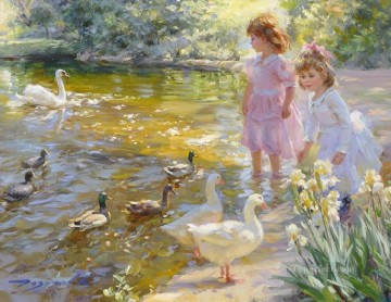 niñas y patos gansos niño Pinturas al óleo